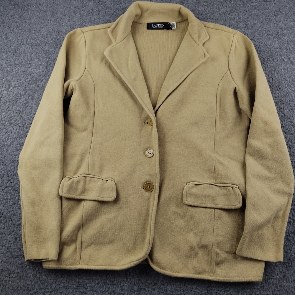 Lauren Ralph Lauren Tan Knit Blazer Sweater Jacket Medium Petite Cotton Blend